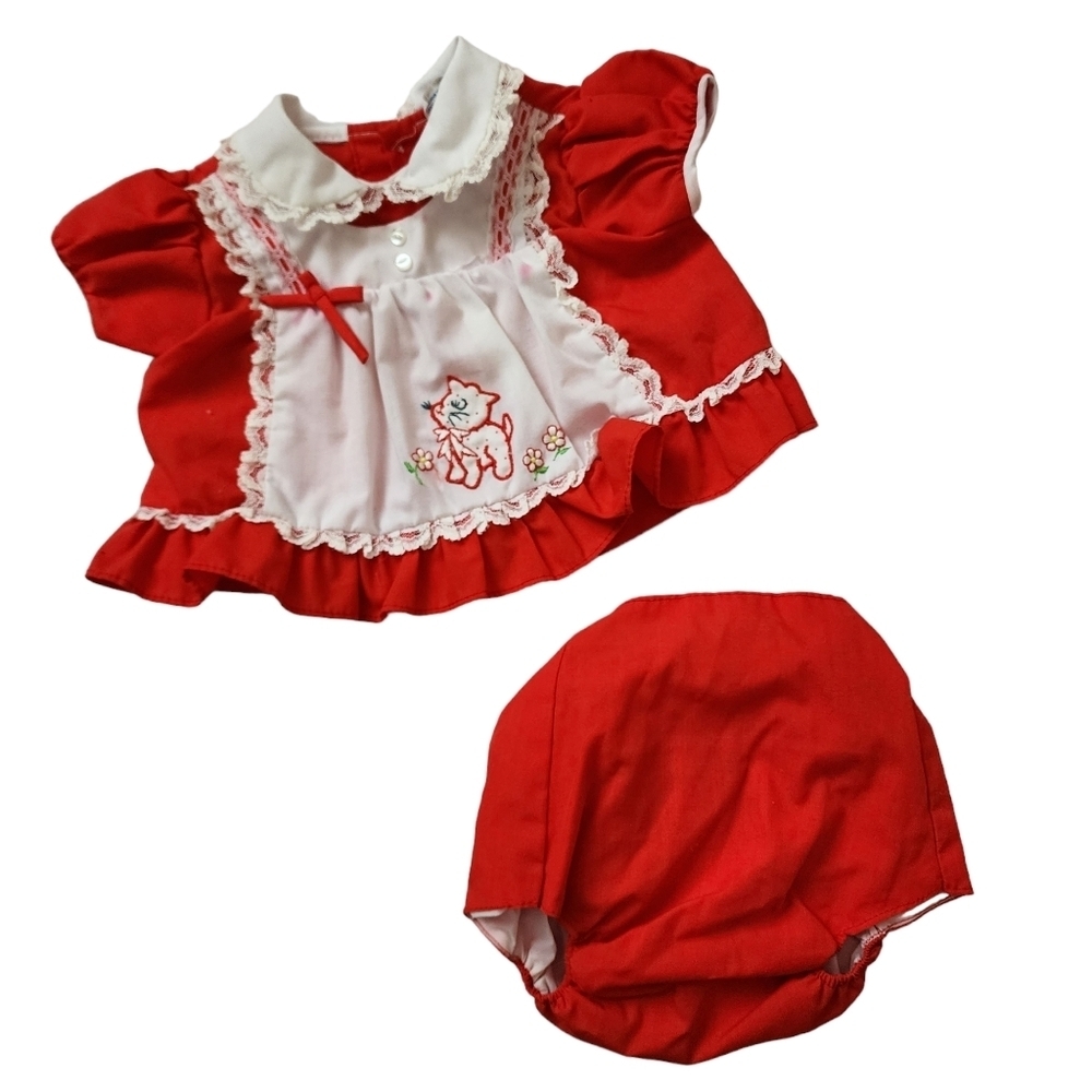 CRADLE TOGS x VINTAGE 80's red ruffle white lace trim diaper cover and kitty top